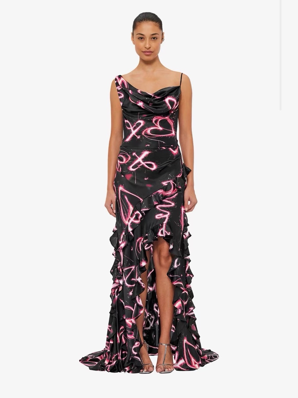 LEO LIN Alba 100% Silk Ruffle Black Heart Print Flip High Slit Gown AU8/US4 NWOT